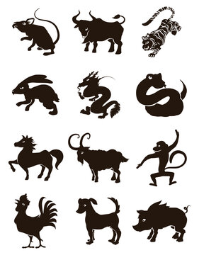 Set of silhouettes with the twelve animals of Chinese Zodiac, Vector Illustration