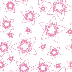 Pattern with pink cherry flowers in outlines style, Vector Illustration
