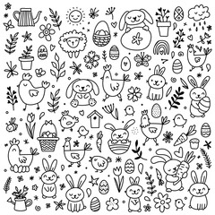 Fototapeta premium Vector Easter set with cute bunnies, chickens, flowers and eggs. Design elements and signs in cartoon style.