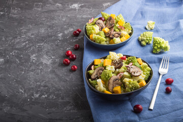 Vegetarian salad from romanesco cabbage, champignons, cranberry, avocado and pumpkin on a black concrete background. side view, copy space.
