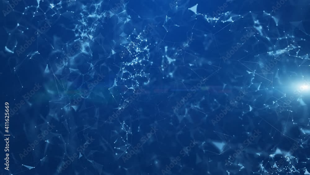 Poster abstract blue coloured network lines, flickering dots and triangles motion on shining blue backgroun