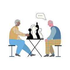 Elderly mens playing chess. Seniors are concentrated on game, think about srtategy. Compelling leisure. Concept vector illustration for brochure, web, post.