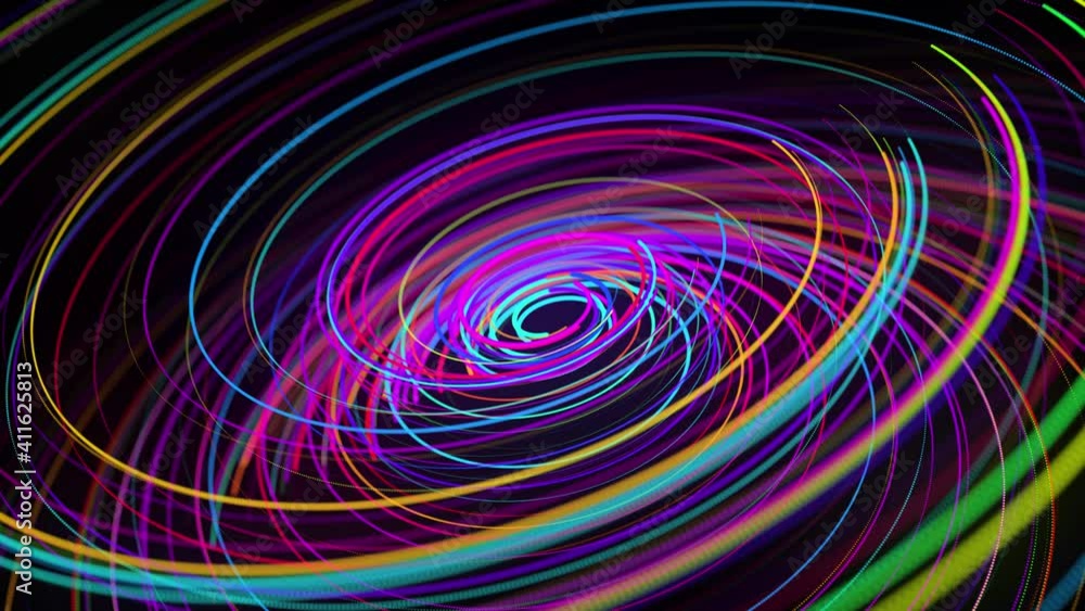 Poster colored lines or streaks swirling in spiral fly along swirling path. motion design bg of particles s