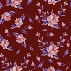 Seamless patterns. Decorative floral patterns, abstraction - pink flowers and buds with purple leaves on a burgundy background. Watercolor For design, decor, packaging, textiles, decor and wallpaper