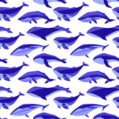 Decorative vector seamless pattern with whales. Ocean animals in trendy flat style.