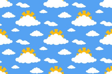 Seamless pattern white flat cloud and yellow sun on blue sky background. Vector illustration