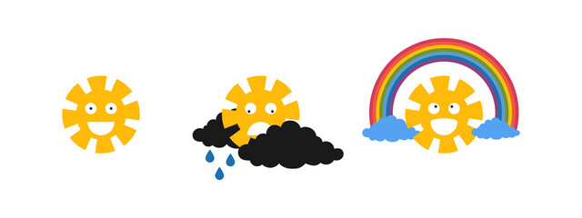 Collection emoticon icon of cute yellow cartoon sun isolated on white background. Sun with cloud, rain drop and rainbow. Vector illustration