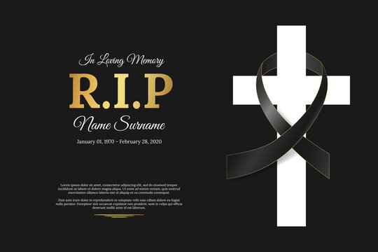 Funeral card with black ribbon on white cross, name, birth and death dates. Obituary memorial, gravestone funeral card design. Golden text RIP on black background. Vector illustration