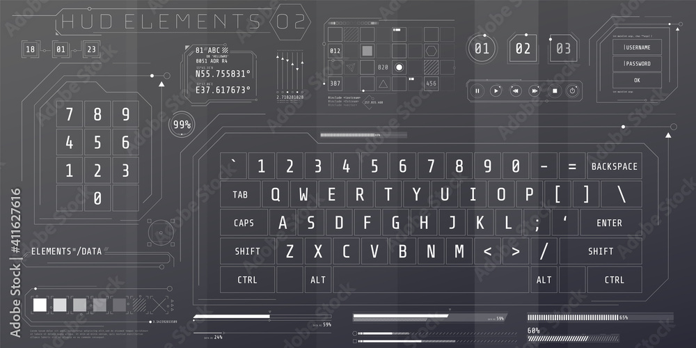 Poster a set of hud keyboards elements for a futuristic interface.