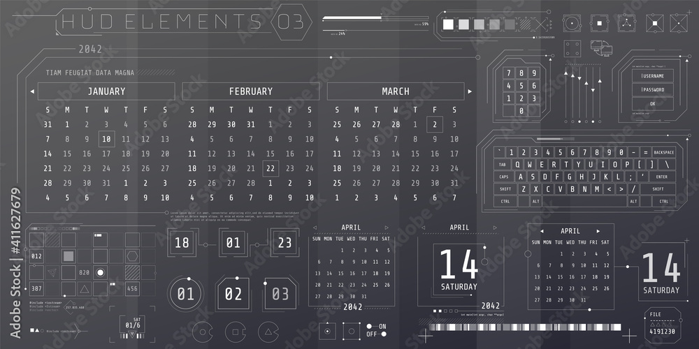 Poster a set of hud calendars elements for a futuristic interface.