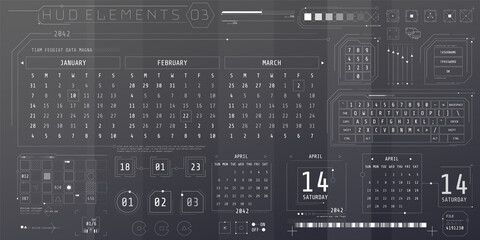 A set of HUD calendars elements for a futuristic interface.