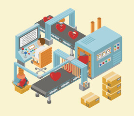 Isometric industrial factory horizontal banners with automated lines of production assembly and packaging processes vector illustration