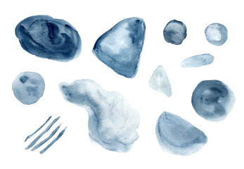 Set of dark textured indigo blue watercolor stains. Collection of vibrant gray watercolour blobs for decoration, poster, banner, greeting cards design
