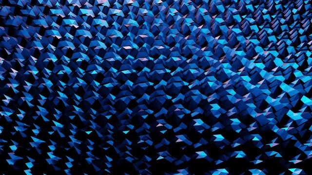 stylish dark abstract low poly background in 4k. Abstract waves move on glossy metallic surface in loop. Smooth soft seamless animation. Simple minimalistic geometric bg. Blue color