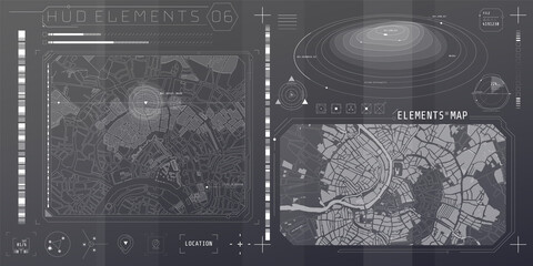 A set of HUD maps elements for a futuristic interface.