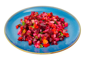 Vegetarian dish. Boiled vegetable salad, beets, carrots, potatoes, olive oil