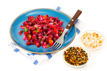 Vegetarian dish. Boiled vegetable salad, beets, carrots, potatoes, olive oil