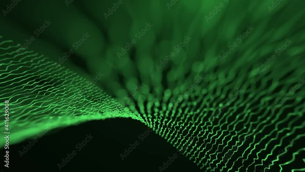 Aufkleber abstract digital field with random particle lines. green moving waves with camera movement motion gr