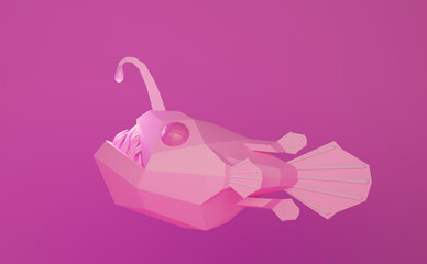 low poly pink angry deep-sea angler fish with sharp teeth, 3d illustration