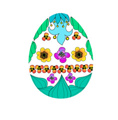 A bright Easter egg made of flowers and leaves is drawn in multi-colored colors, the silhouette of the egg is transparent. Stock illustration in cartoon style isolated on white background.