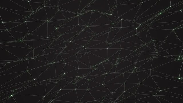Abstract polygonal motion graphic mesh background. Simple geometric net with green triangular elements and glowing triangle tops