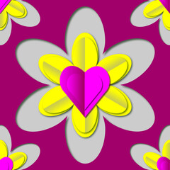 Seamless raster pattern in cut paper style. Yellow flowers with lilac hearts on a gray and burgundy background. 3D image.