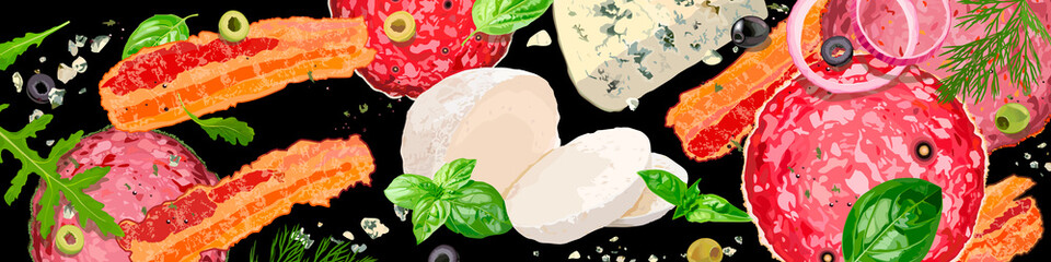 Meet and cheese background. Varieties of meat products, gourmet cheeses and verdure. Vector Illustration