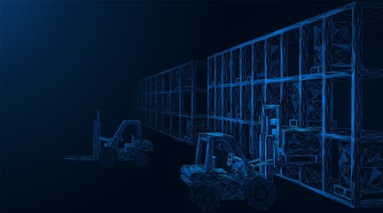 Warehouse. Forklift trucks sort and stack boxes of goods. Polygonal construction of thin lines. Blue background.
