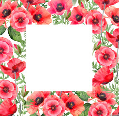 Watercolor red poppies. Wild flower frame isolated on white. Hand painting illustration for interior decoration, textile printing, printed issues, invitation and greeting cards.