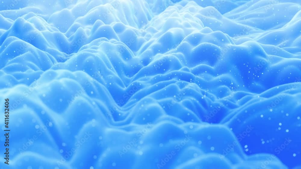 Poster beautiful abstract 3d surface with glitter sparkles, abstract 3d waves run on surface in loop. blue 