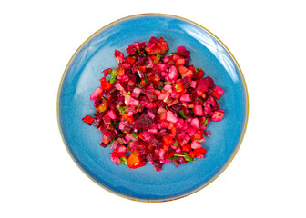 Vegetarian dish. Boiled vegetable salad, beets, carrots, potatoes, olive oil