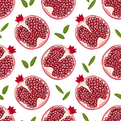 Seamless pattern with half pomegranate. Vector fruit. Healthy natural food. Organic, eco. Drawn by hands. Printing on fabric, wallpaper, textiles.