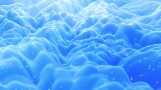 Beautiful abstract 3D surface with glitter sparkles, abstract 3d waves run on surface in loop. Blue gradient, soft matte material with light inner glow. Smoothly 4k animation
