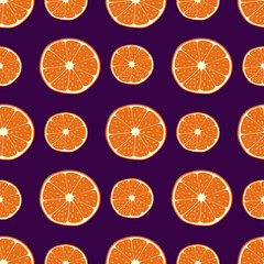 Seamless pattern with orange slice. Citrus fruit. Vector illustration. Purple background. Healthy natural food. Hand drawn. This is a background for printing on fabric and textiles and wallpapers.