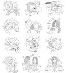 Set of twelve signs of the zodiac drawn in black and white outline. Pisces, Aries, Taurus, Gemini, Cancer, Leo, Virgo, Libra, Scorpio, Sagittarius, Capricorn, Aquarius drawn in comic style