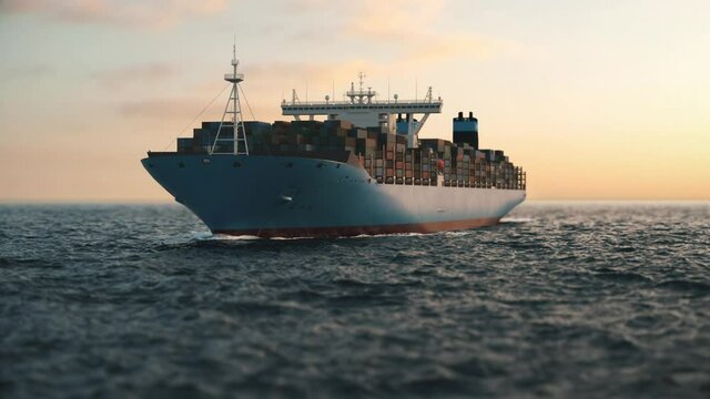 Cargo container ship in the open sea at sunset. Aerial shot of container ship in ocean. 3d visualization