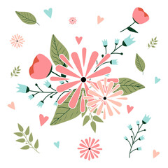 Spring set, flowers, birds, leaves and others. Vector illustration.