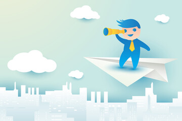 Businessman flying on paper plane and looking in spyglass in the air over the city vector illustration