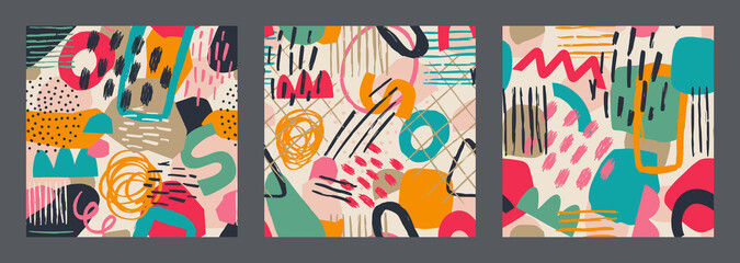 Set of Hand drawn various shapes and leaves, spots, dots and lines. Different colors. Abstract contemporary seamless pattern. Modern patchwork illustration in vector