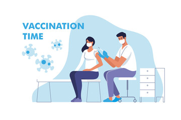 Coronavirus vaccination. Woman in face mask getting vaccinated against Covid-19 in hospital. Doctor giving Corona virus vaccine injection injecting patient. Vector illustration.