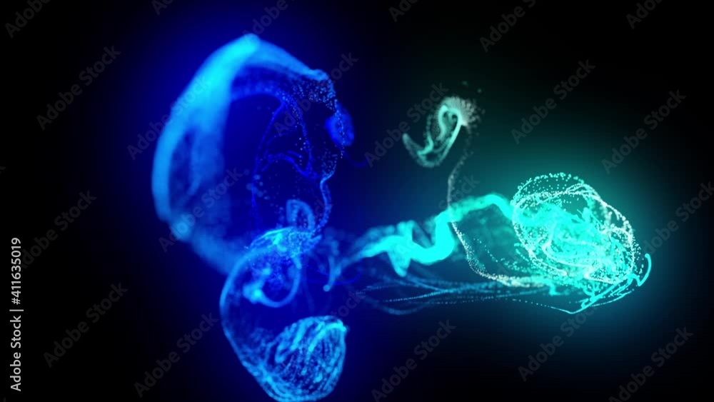 Aufkleber injection of fluorescent blue ink in water in 4k. 3d render of glow particles in ink flow. luma matt