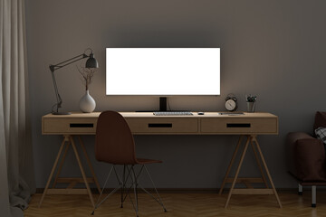 Glowing wide screen display mock up. Workspace at night with the wooden desk and white wall.