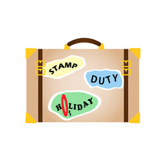 stamp duty holiday advertisement presented as sticker set on retro looking brown trunk isolated on white background