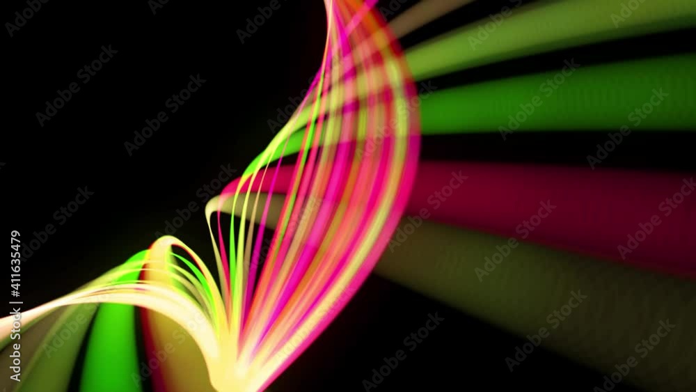 Poster light flow bg in 4k. abstract looped background with light trails, stream of green red yellow neon l