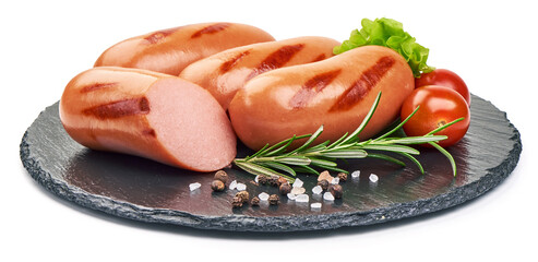 Grilled sausages, isolated on white background