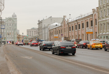 Moscow, Russia, Jan 21, 2021: Traffic at Mokhovaya street near The Kremlin.