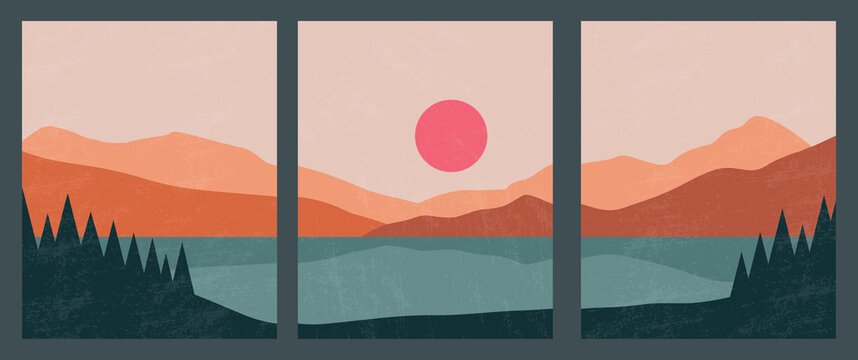 Abstract contemporary landscape posters. Modern boho background set with lake, river,sun, moon, mountains, minimalist wall decor. Vector art print