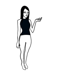 vector gothic Character for animation thin girl teen in dark clothes.  magazine illustration. daily look teeneger woman points to an object. free space for text
