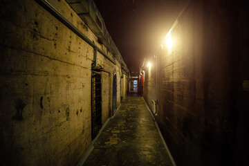 Naklejka na ściany i meble Dark creepy old corridor of underground bunker or prison