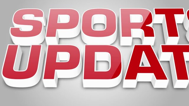 Sports update announcement for broadcast media with three scenes and shiny glossy overlay on 3d red text isolated against a light grey and white radial gradient background  
